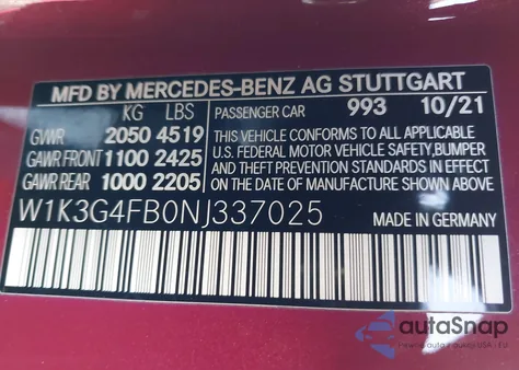 2022 Mercedes-Benz A 220 4Matic from USA, damaged, VIN W1K3G4FB0NJ337025